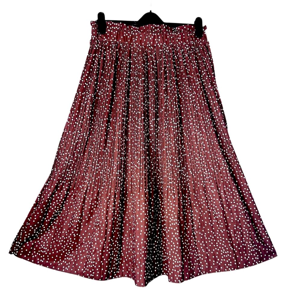 Womens Mocha Brown Pleated Midi Skirt XL Polka Dot Retro Classic Flowy High-Rise